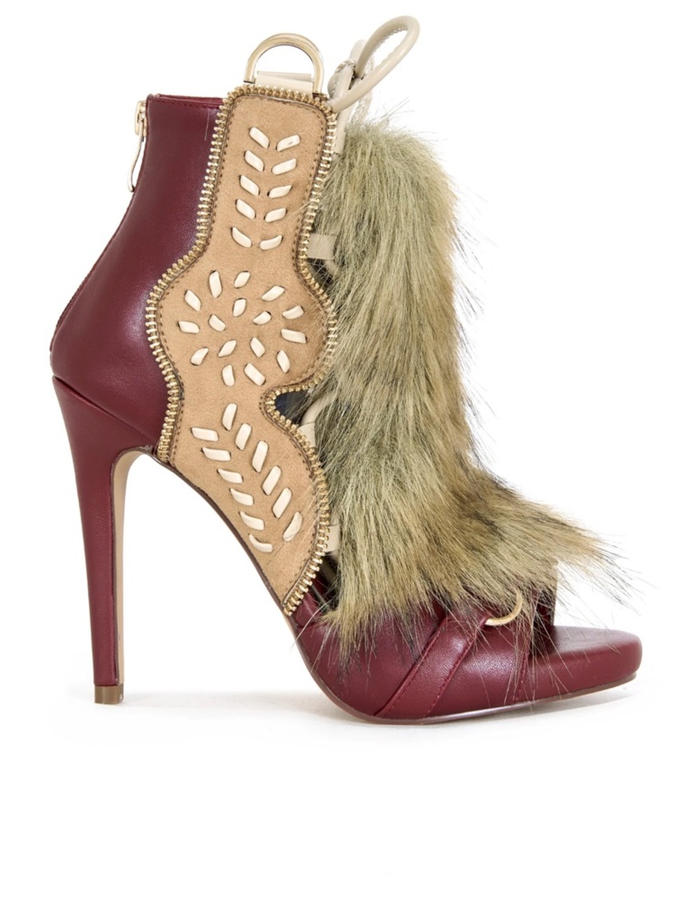 AKIRA Burgundy and Tan Fur-Trim Stiletto Ankle Boot
